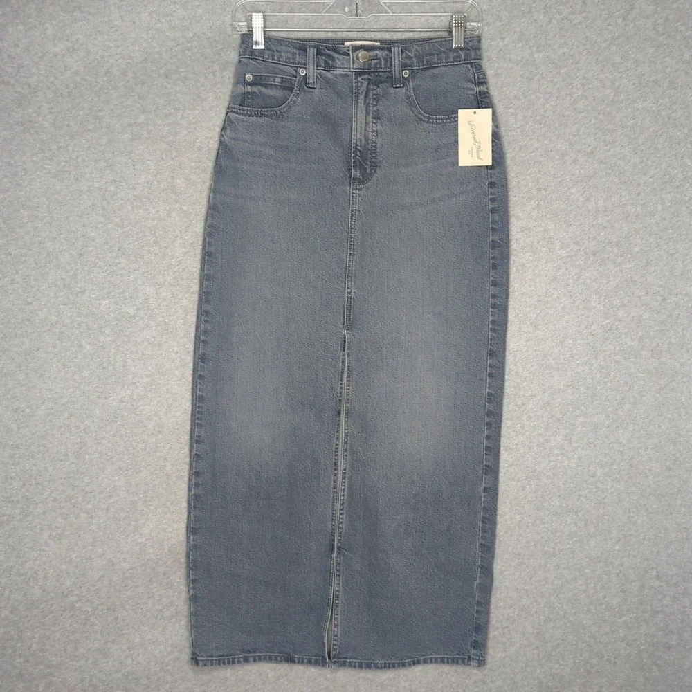 New‎ Denim Column Maxi Skirt 2 XS Blue Wash Front Slit Western Universal Thread